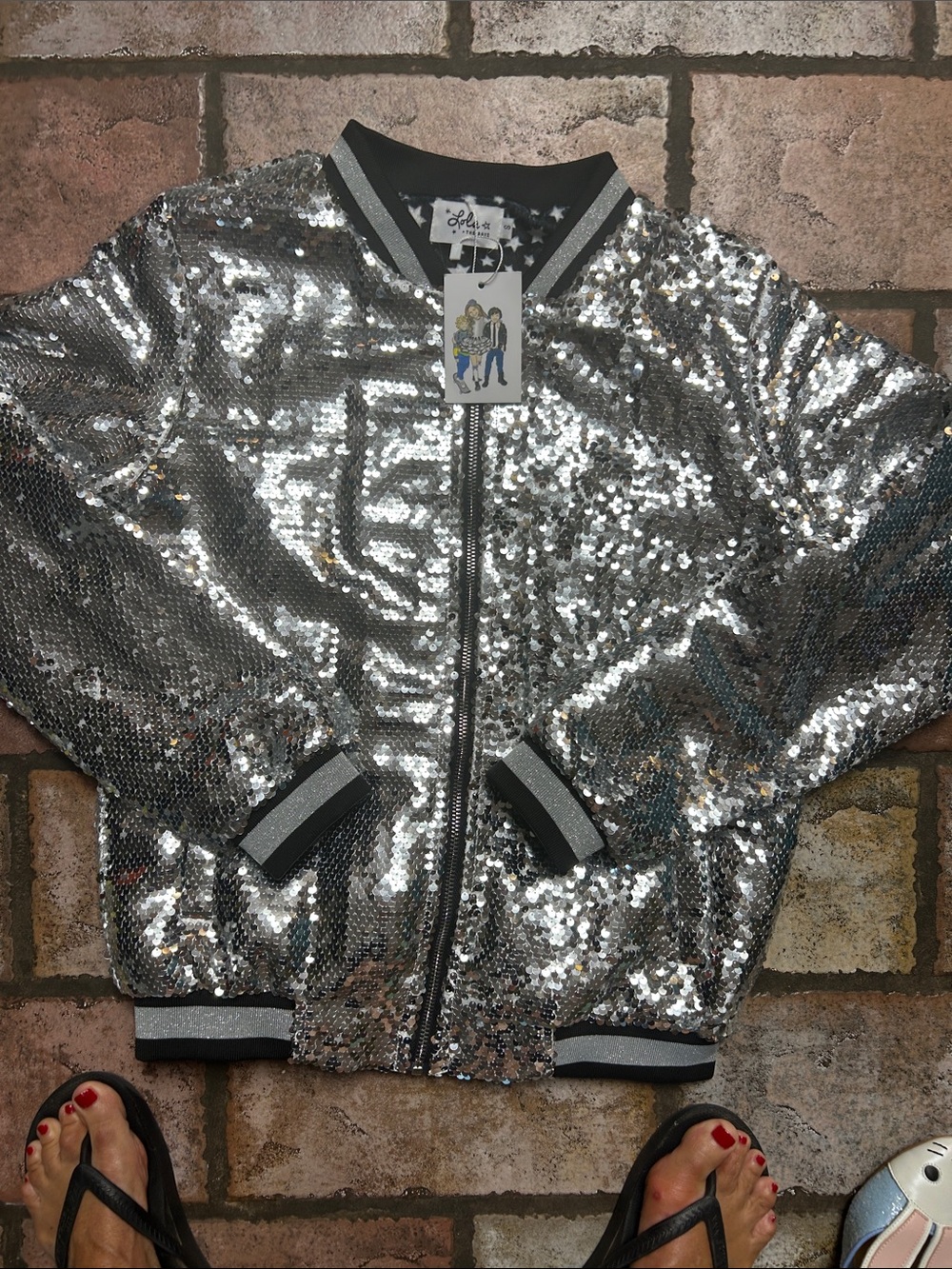 Lola + The Boys Silver Sequin Bomber with Black-Trim
